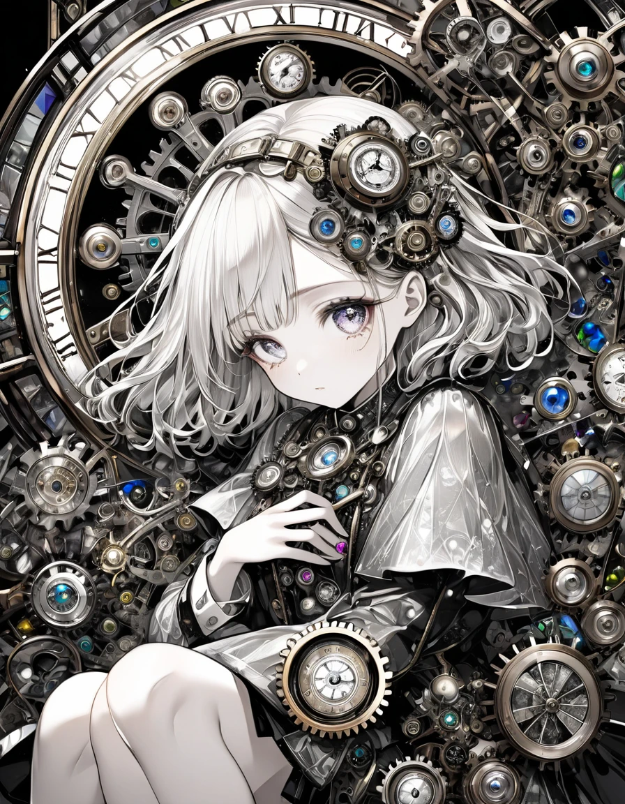 best quality, super fine, 16k, incredibly absurdres, extremely detailed, delicate and dynamic, stained glass kaleidoscope made of jewels of various colors, with mechanical mechanisms, clockwork mechanisms, and gear mechanisms, monochrome girl peering into it, iridescent world artwork 