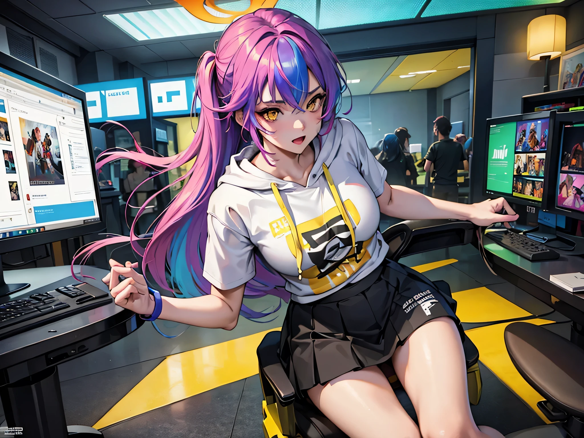 The most beautiful and sexy gamer girl, jumping, rainbow colored hair, yellow eyes, wearing hoodie, graphic t-shirt, skirt and highly detailed gamer gear, highly detailed background, perfect masterpiece, high quality, high resolution