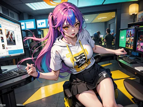 the most beautiful and sexy gamer girl, jumping, rainbow colored hair, yellow eyes, wearing hoodie, graphic t-shirt, skirt and h...