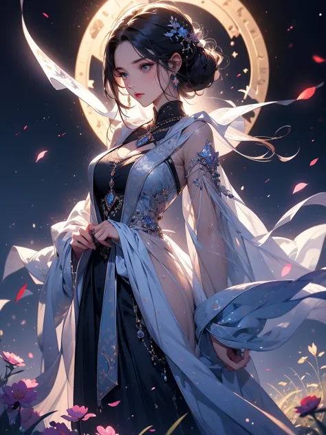 A charming artwork of a mystical and shimmering female character in a magical, moonlit landscape. The full-body view reveals her...
