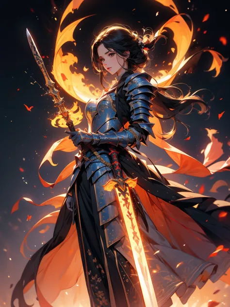 Design a layout showcase Gaming character, (1girl). Gold+Red clothes, fiery and majestic, ((showcase weapon:1.4)), flame whip, (...