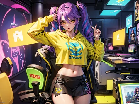 the most beautiful and sexy gamer girl, videogame girl, rainbow colored hair, yellow eyes, wearing hoodie, graphic t-shirt, skir...