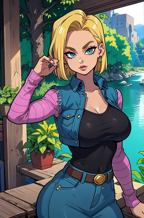 android 18, , olhando para o espectador, mulher madura, olhos prateados, 8k, hdr, motor ureal, ultra qualidade, cabelos curtos l...