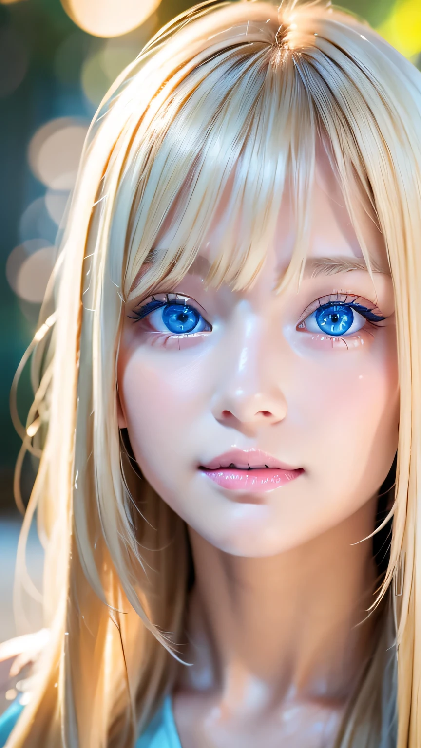 A perfectly beautiful face、Beautiful cute 16 year old blonde girl、Sexy and very beautiful cute face、Very bright, large light blue eyes that shine beautifully、Very long beautiful shiny silky super long straight blonde hair、Long beautiful bangs between the eyes、Bangs over both eyes、Small Face Beauty、Round face