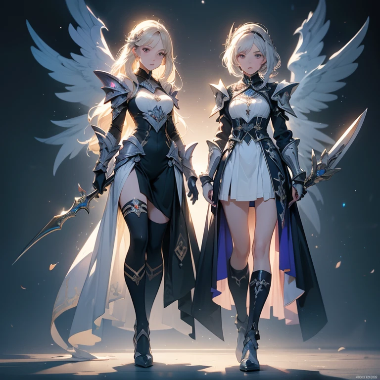 Design a layout showcase Gaming character, (1girl). Golden+Purle clothes, stylish and unique, ((showcase weapon:1.4)), magic staff, (masterpiece:1.2), (best quality), 4k, ultra-detailed, (Step by step design, layout art:1.5), (luminous lighting, atmospheric lighting), magican, ((glove full hands)), (((revealing clothes:1.3))), vambraces, armored legwear, (((full_body_shot:1.4)))
