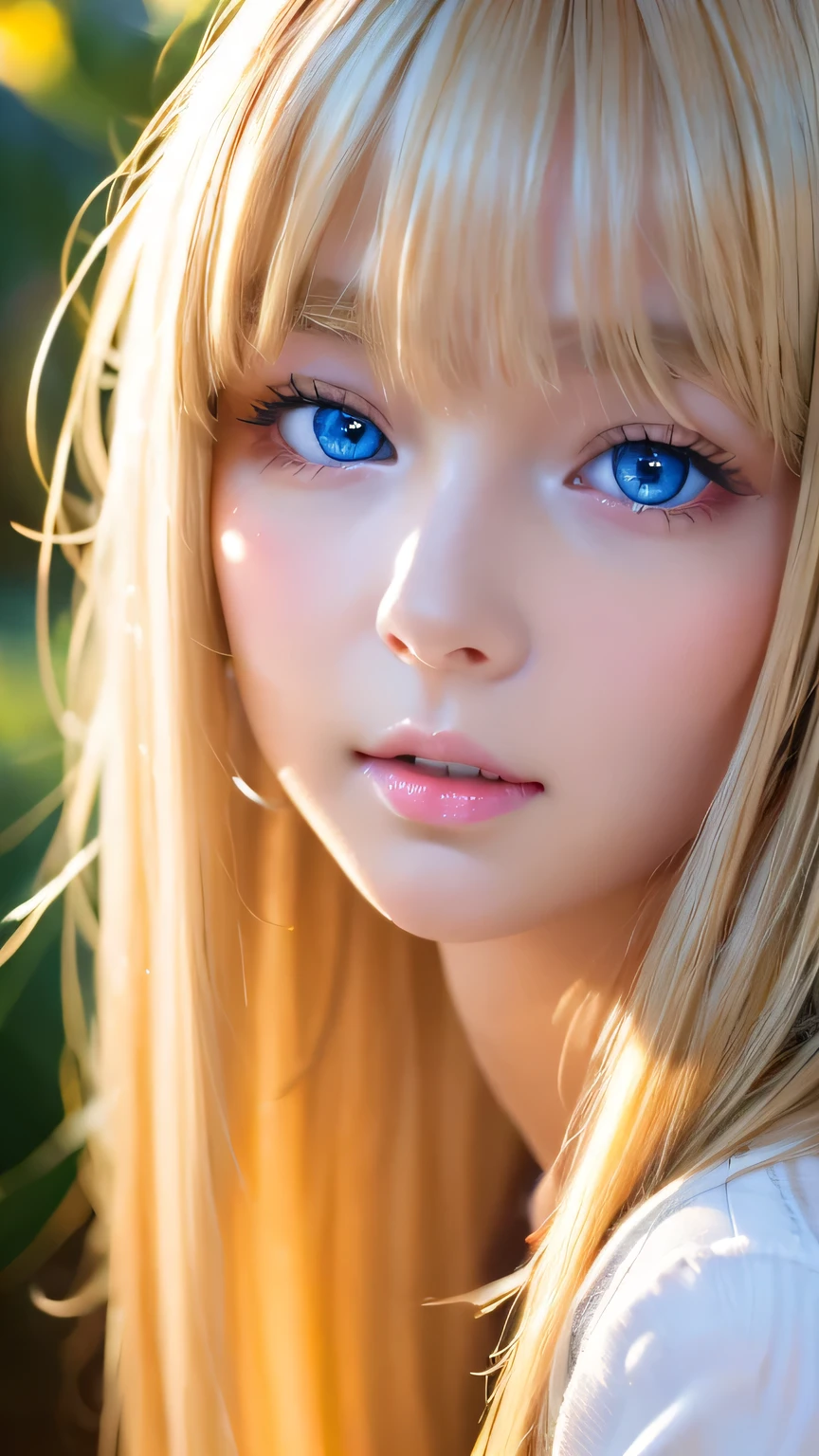 A perfectly beautiful face、Beautiful cute 16 year old blonde girl、Sexy and very beautiful cute face、Very bright, large light blue eyes that shine beautifully、Very long beautiful shiny silky super long straight blonde hair、Long beautiful bangs between the eyes、Bangs over both eyes、Small Face Beauty、Round face