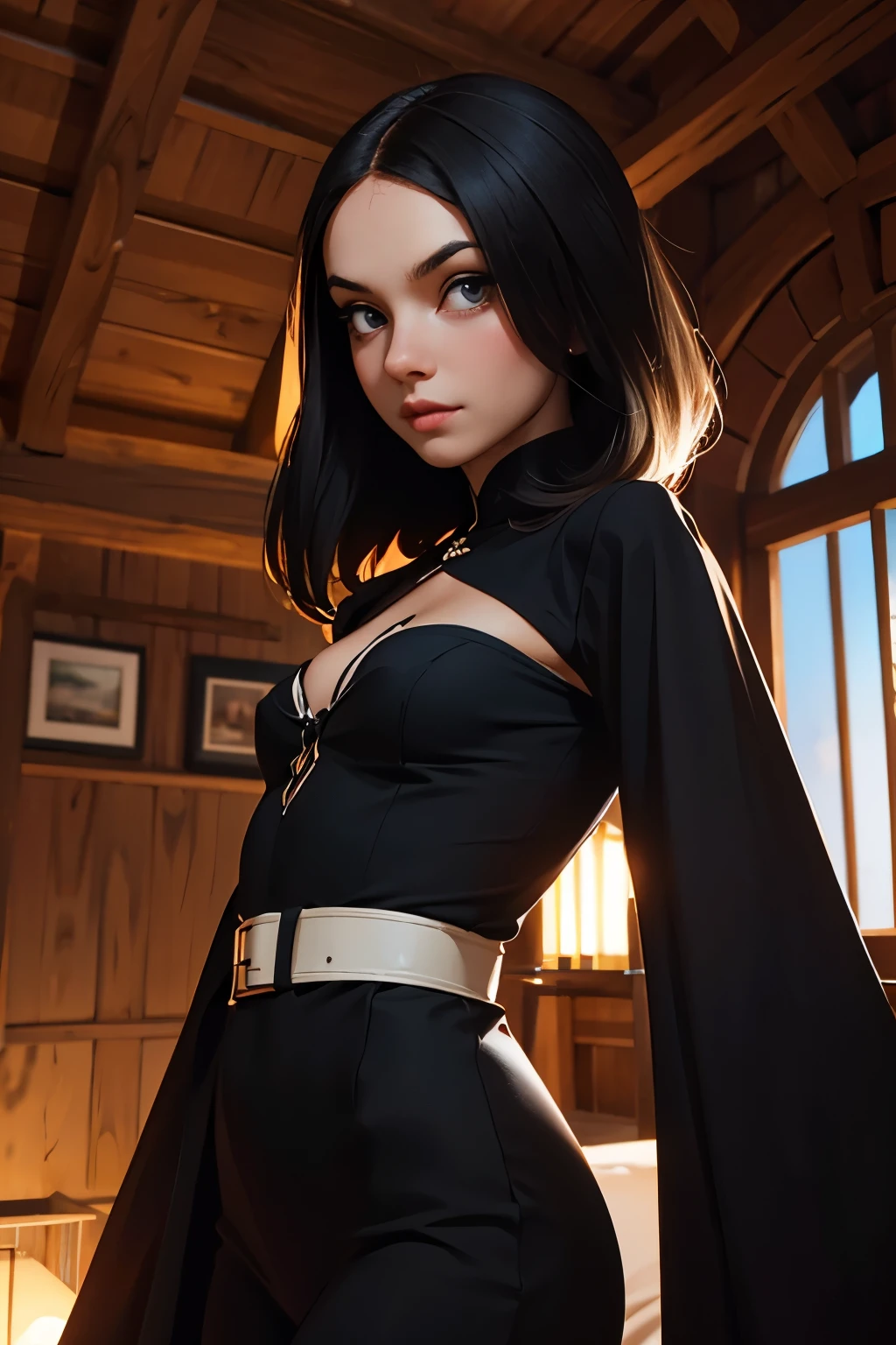 A noble Swedish vampire, very beautiful, long straight red hair,clear green eyes,Round face,Caucasian skin, medium breasts, Waist slender, wearing stylish dark clothes, and attractive, Dutch angle