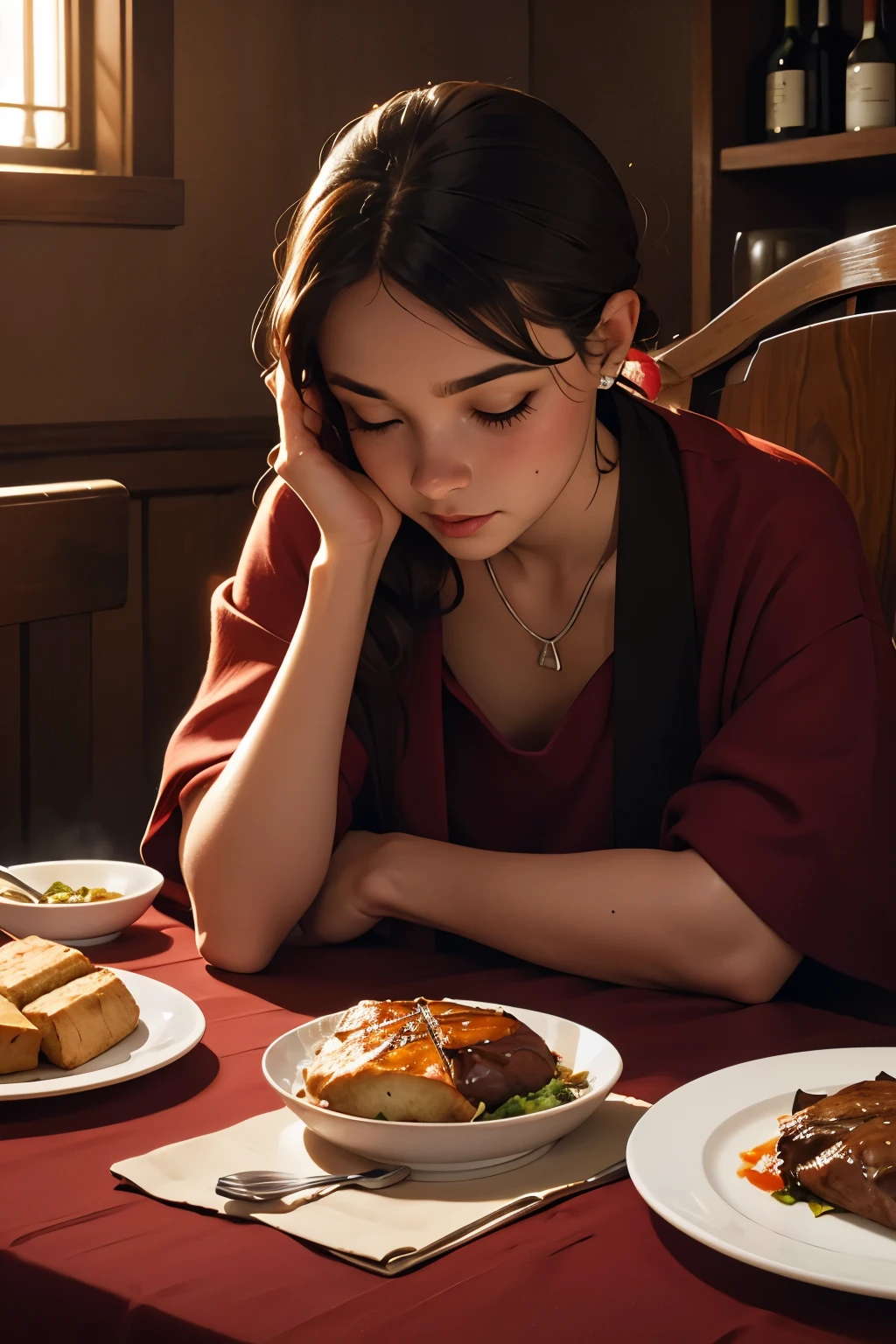 le petit Chaperon rouge, cheminée, table à manger, Steak avec du sang, bougies, Vin rouge