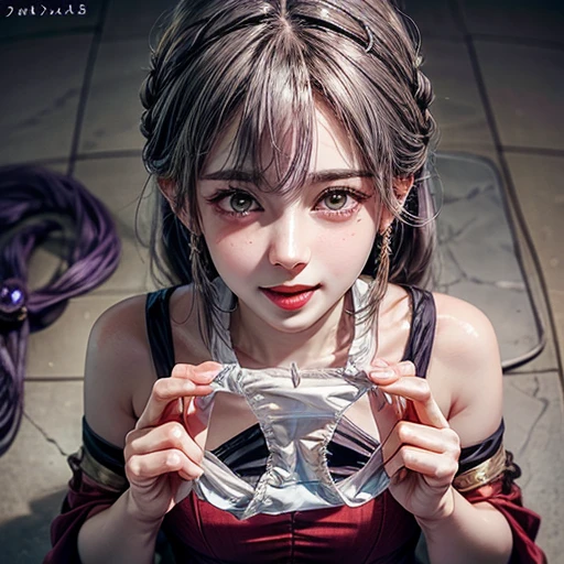 (Acutance:0.85),(super Detailed:1.35, RAW Realistic photo-realistic:1.37), (Extremely closeup portrait), 1girl wearing Red tube-top, ((From above)), (presenting panties), front of face, Holding White panties with hands, Studio gray background . (((NOGIZAKA face variations)))  Extremely Detailed very KAWAII face variations, perfect anatomy, captivating gaze, elaborate detailed Eyes with (sparkling highlights:1.2), long eyelashes、Glossy RED Lips with beautiful details, Coquettish tongue, Rosy cheeks . { (Dynamic joyful expressions) | :d) } . Glistening ivory skin with clear transparency