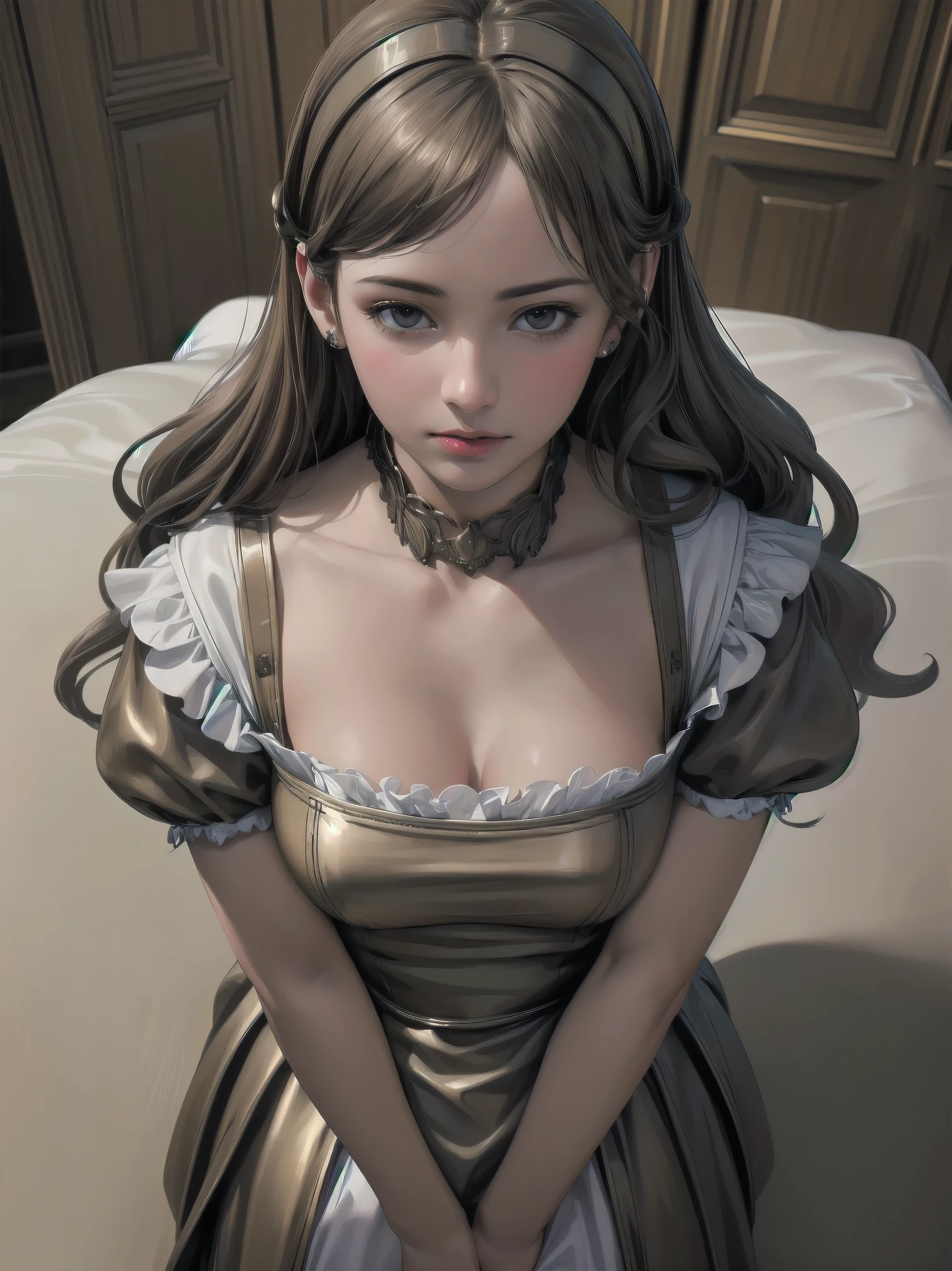 1girl,best quality,ultra-detailed,high resolution,(photorealistic, realistic, photo-realistic:1.2),good night, (bronze hear:1.2), maid