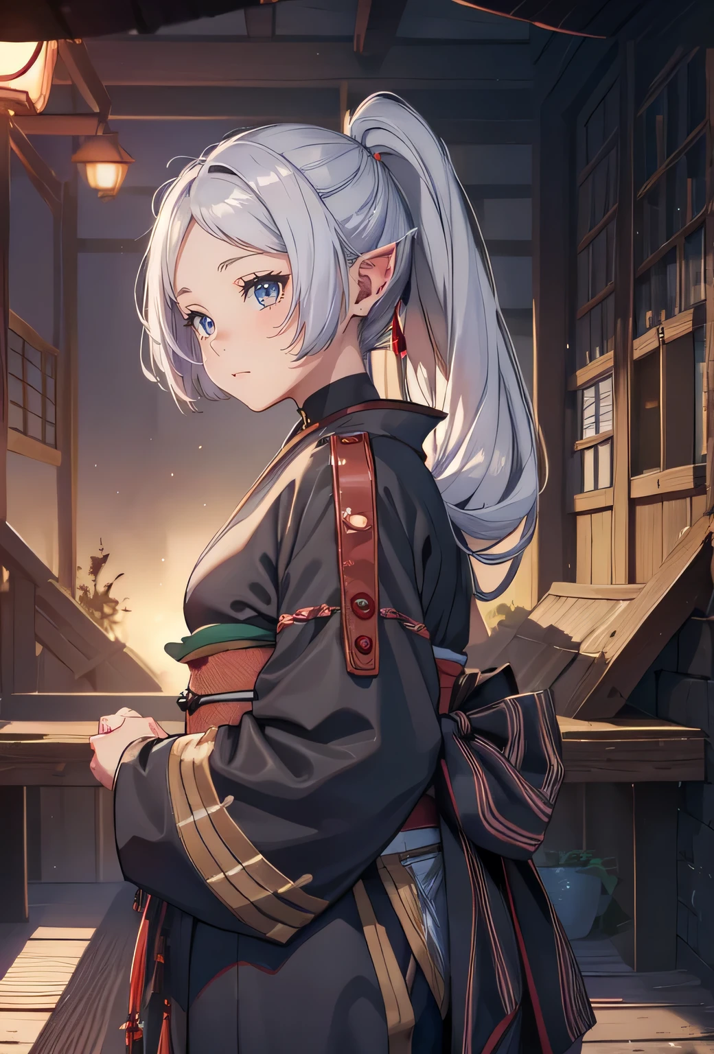 (Masterpiece, High Quality, Top quality, High-Detailed, Detailed CG, Cinematic Shadow, Cinematic Scene, Beautiful Detailed Eyes, Ultra Resolution, Depth of Field), (Character: Frieren: Beyond Journey's End), Looking At The Audience, (Blush Expression:1.2), (Angry Expression:1.2), (SFW:1.2), Elf Ear, Silver Hair, Twin Tails, Spiky Ears, Five Fingers, Good Composition, Arms, (Kimono:1.2), (Black Kimono:1.0), Thighs, Small Breasts, Medium Breast, Hips, Blur Background, European Room, Medieval Architectures.