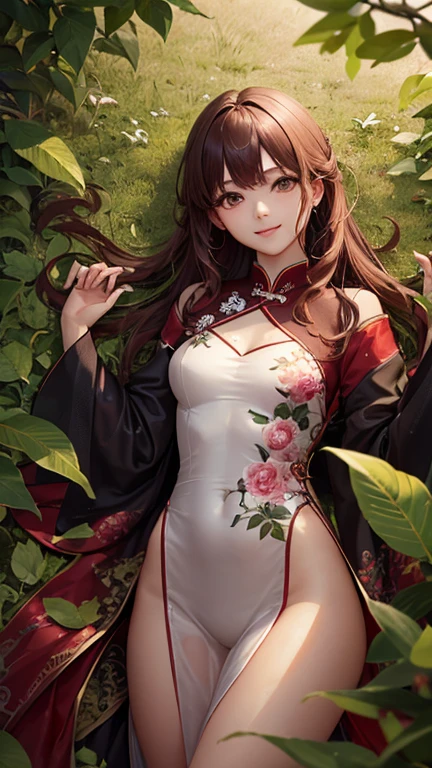 (masterpiece), best quality,Chinese，Chinese elements， expressive eyes, Perfect face, Adult lying among leaves, Red wavy hair, Wearing transparent silk clothes, Full figure, Exquisite facial features, Lifelike image quality, A Chinese girl around 18 years old, Surrealism，Smile