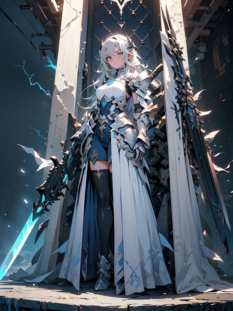 (((masterpiece, best quality, high detailed, 8k))) Design a layout showcase Gaming character, (1girl). Silver|Blue clothes, stylish and unique. ((showcase weapon:1.4)), lightning rod. (masterpiece:1.2), (best quality), 4k, ultra-detailed. (Step by step design, layout art:1.5), (luminous lighting, atmospheric lighting). storm mage, ((glove full hands)), (((revealing clothes:1.3))), vambraces, armored legwear, (((full_body_shot:1.4))). {During a thunderstorm}.