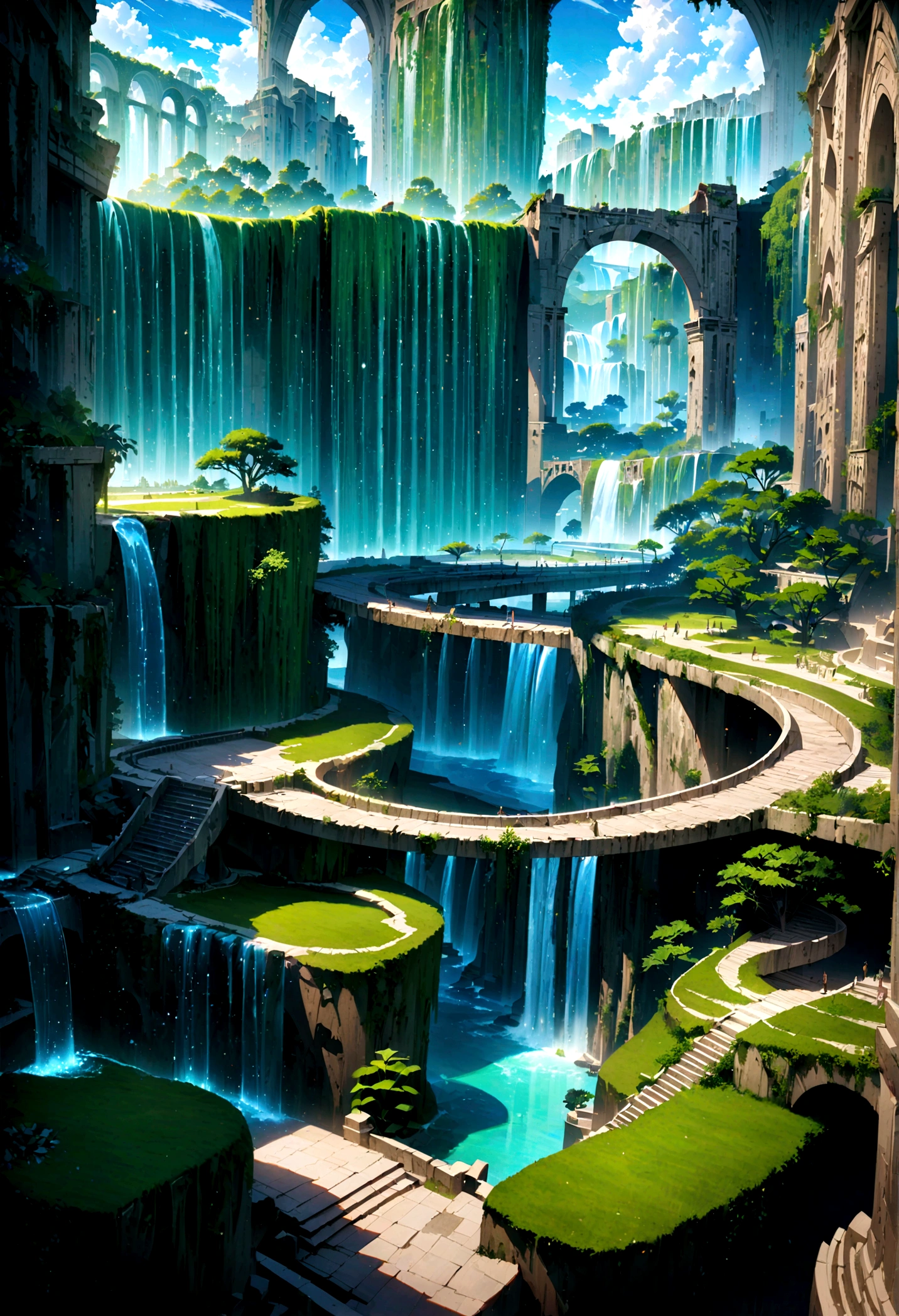 8K resolution, surreal, Super detailed, high quality, fantastical city, towering archways and bridges, cascading waterfalls, ancient ruins, lush greenery, winding river, blue skies with fluffy clouds, detailed stone structures, scenic landscapes, mix of natural and architectural beauty, vibrant colors