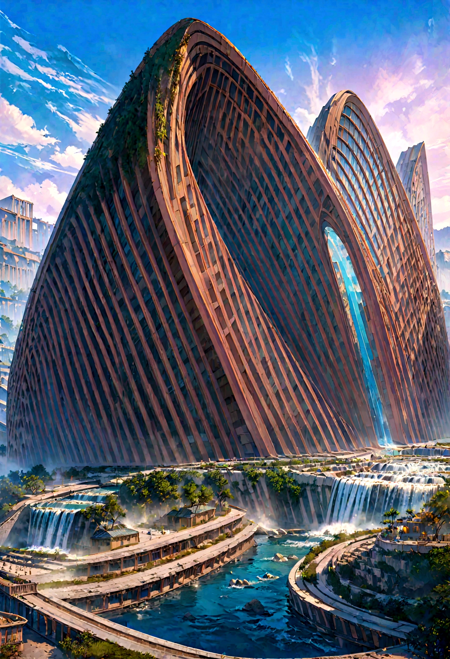 8K resolution, surreal, Super detailed, high quality, fantastical city, towering archways and bridges, cascading waterfalls, ancient ruins, lush greenery, winding river, blue skies with fluffy clouds, detailed stone structures, scenic landscapes, mix of natural and architectural beauty, vibrant colors