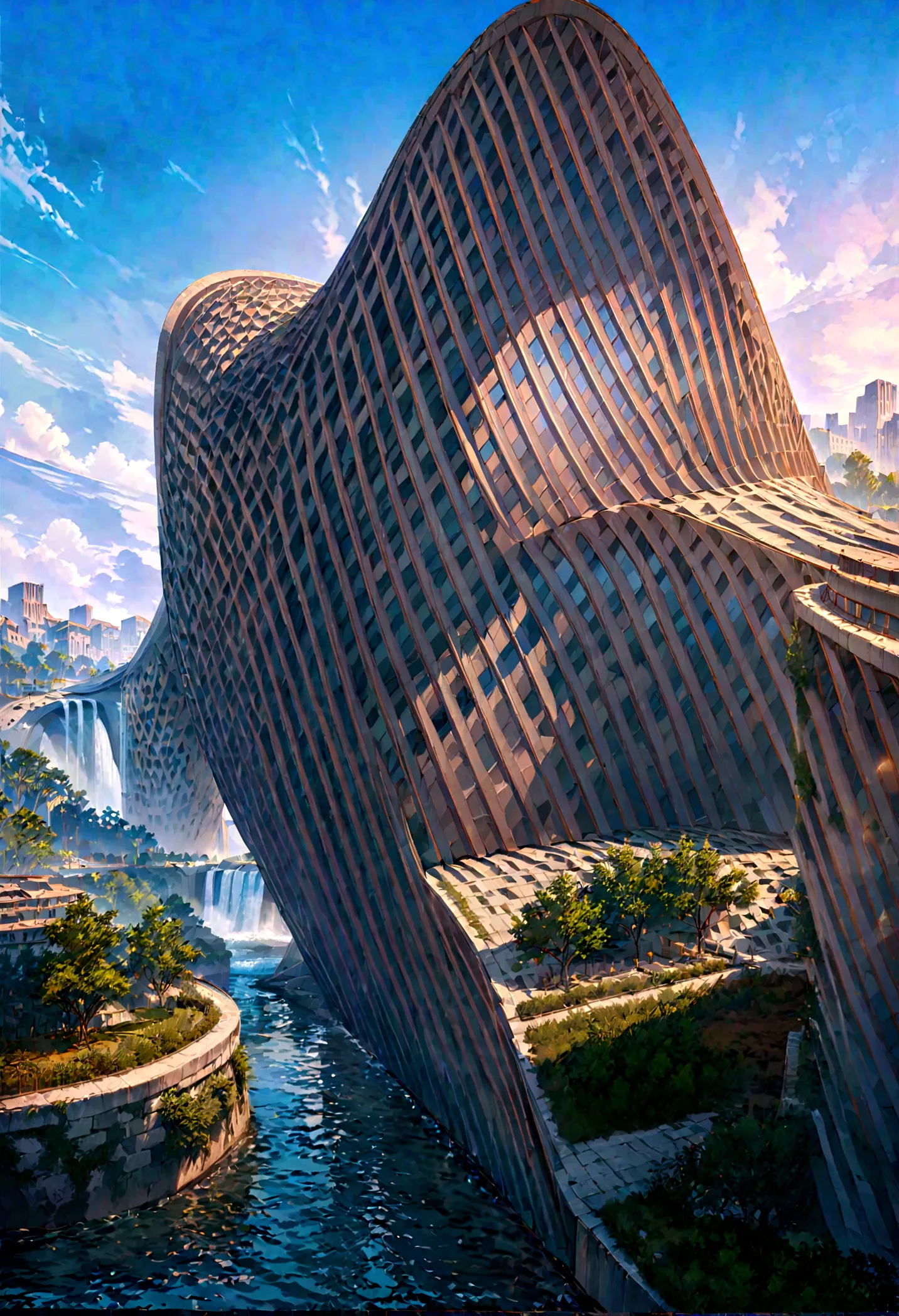 8K resolution, surreal, Super detailed, high quality, fantastical city, towering archways and bridges, cascading waterfalls, anc...