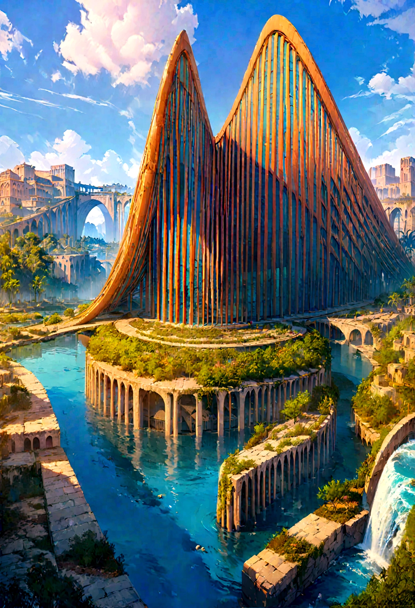 8K resolution, surreal, Super detailed, high quality, fantastical city, towering archways and bridges, cascading waterfalls, ancient ruins, lush greenery, winding river, blue skies with fluffy clouds, detailed stone structures, scenic landscapes, mix of natural and architectural beauty, vibrant colors