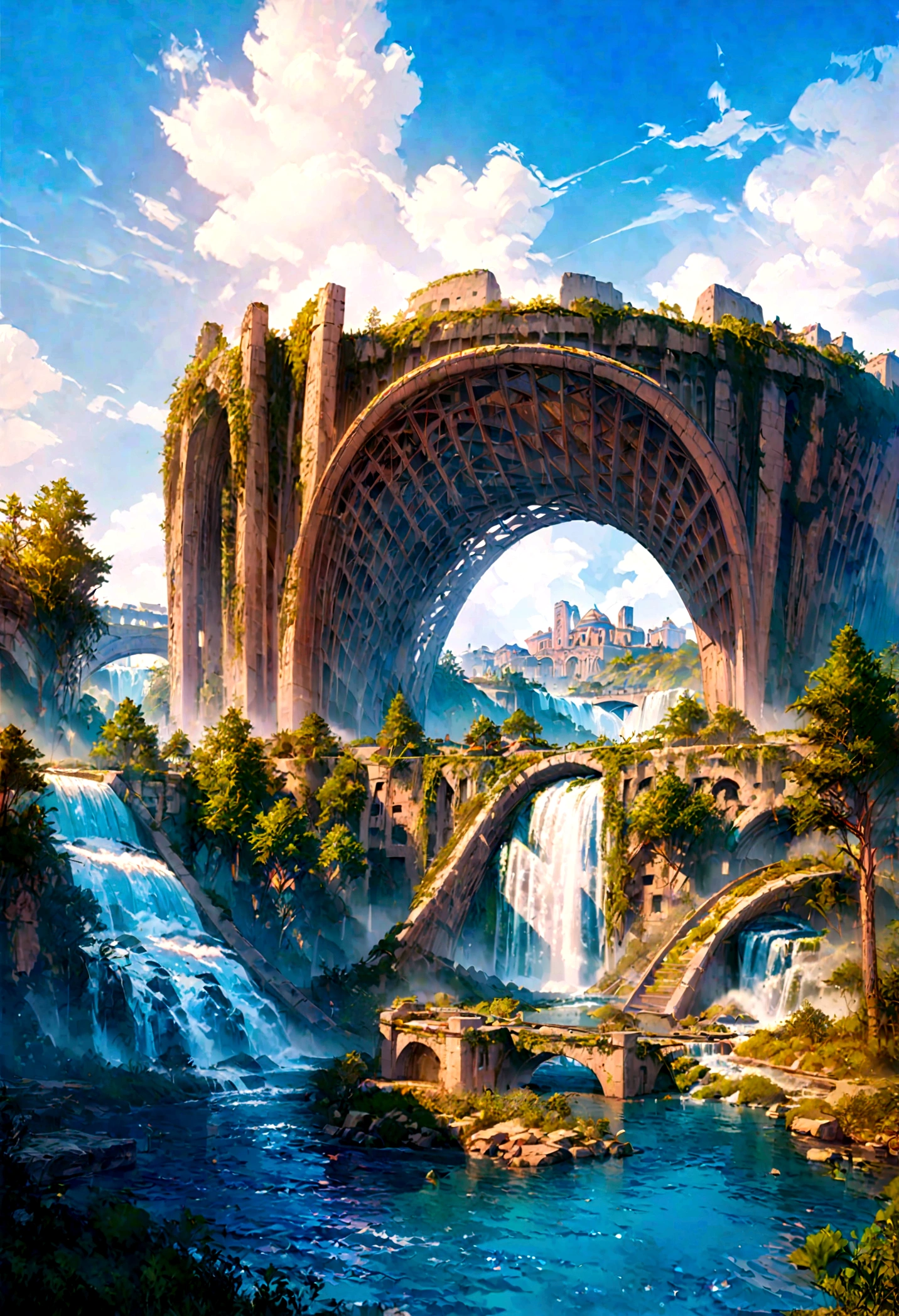 8K resolution, surreal, Super detailed, high quality, fantastical city, towering archways and bridges, cascading waterfalls, ancient ruins, lush greenery, winding river, blue skies with fluffy clouds, detailed stone structures, scenic landscapes, mix of natural and architectural beauty, vibrant colors