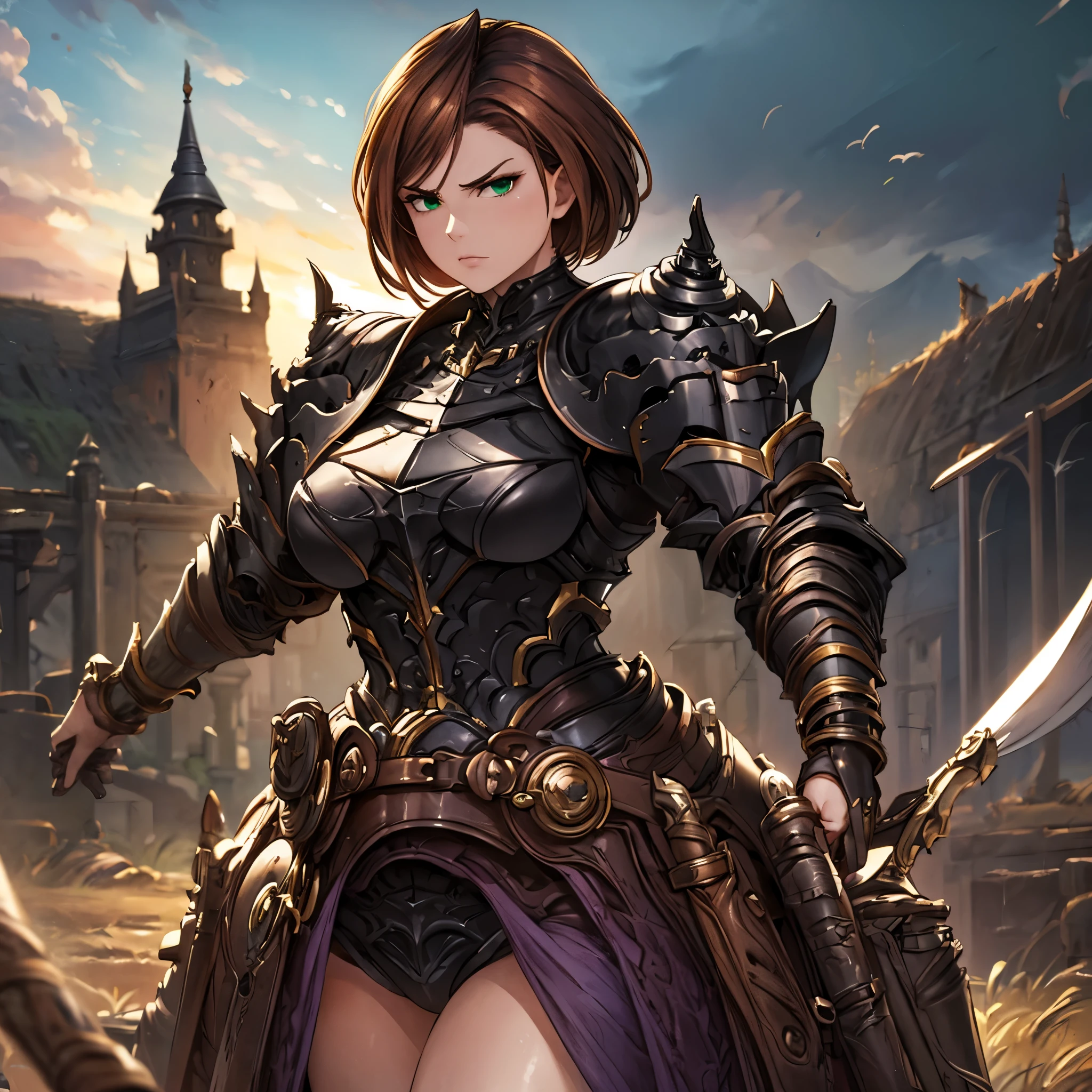  A woman wearing heavy black armor, black metal bracelet, black metal boots, gold details, short brown hair, green eyes, perfect face, serious face, on the outside of a fantasy medieval castle, with a wide view of a forest and clouded sky, UHD , masterpiece, accurate, anatomically correct, textured skin, super detail, high quality, best quality, 8k, high resolution, bokeh effect.
