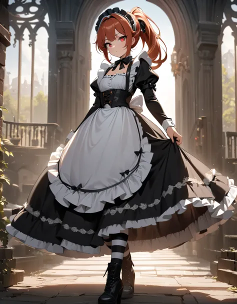 (best quality,4k,8k,highres,masterpiece:1.2),ultra-detailed, (1girl) A cute teenage gunslinger maid with red eyes, drawn in anim...