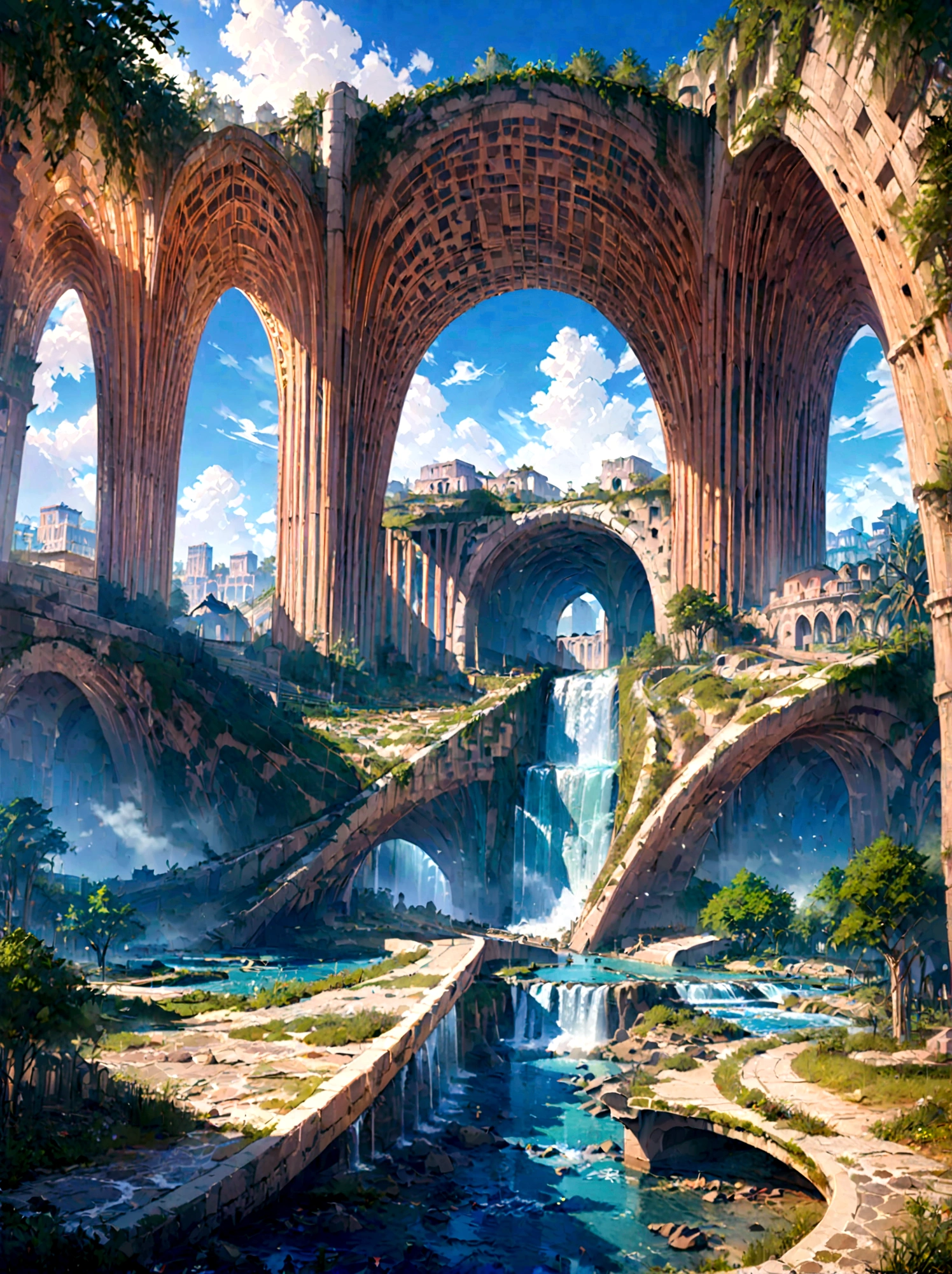 8K resolution, surreal, Super detailed, high quality, fantastical city, towering archways and bridges, cascading waterfalls, ancient ruins, lush greenery, winding river, blue skies with fluffy clouds, detailed stone structures, scenic landscapes, mix of natural and architectural beauty, vibrant colors