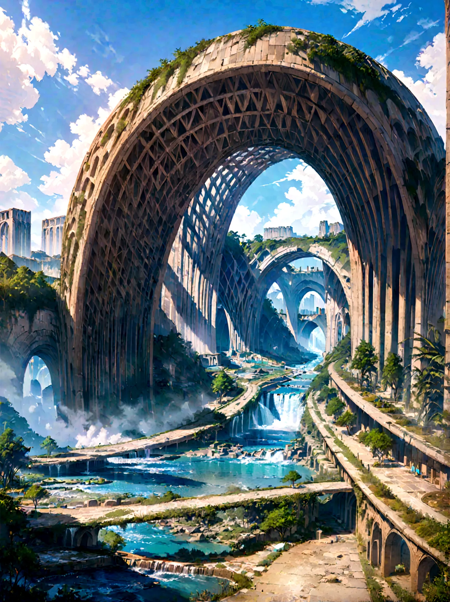 8k resolution, surreal, super detailed, high quality, fantastical city, towering archways and bridges, cascading waterfalls, anc...