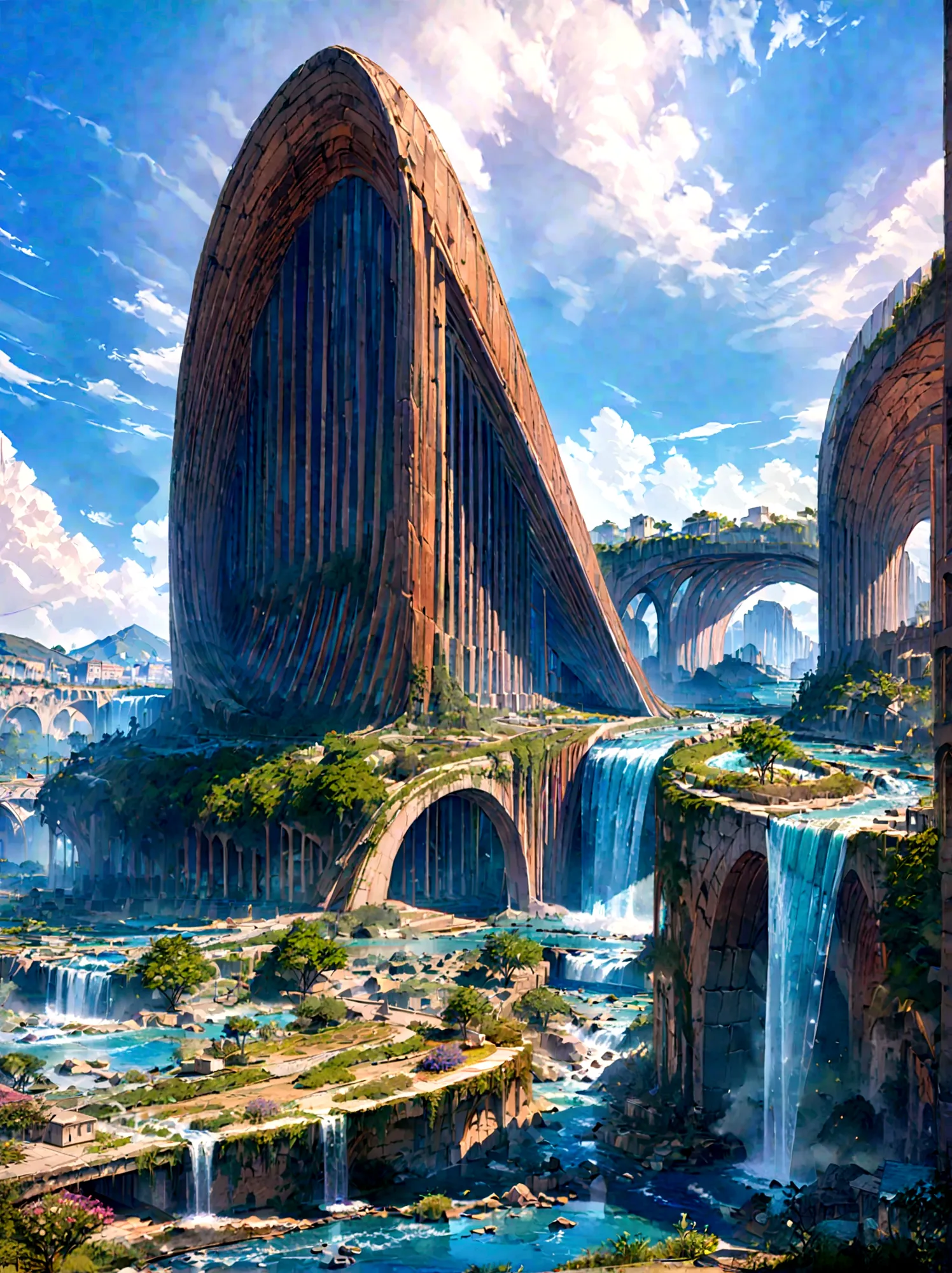 8k resolution, surreal, super detailed, high quality, fantastical city, towering archways and bridges, cascading waterfalls, anc...