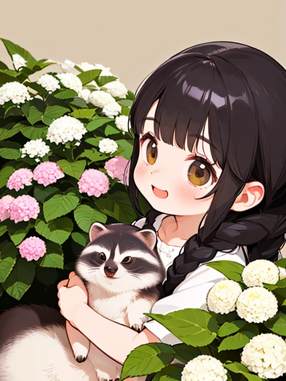 (highest quality,4K,8k,High resolution,masterpiece:1.2), Very detailed, (Deformed, Realistic, Realistic:1.3)，One Girl，cute，Very short stature，，Laughing happily, Brown eyes，length, fluffy, Black hair braids，White Dress，Hug a raccoon，The raccoon is much bigger than the girl.，The raccoon dog is a Japanese raccoon dog.，The background in early summer is the garden of a country house，Hydrangea，