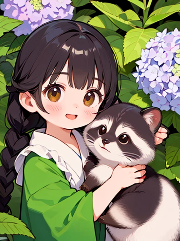 (highest quality,4K,8k,High resolution,masterpiece:1.2), Very detailed, (Deformed, Realistic, Realistic:1.3)，One Girl，cute，Very short stature，，Laughing happily, Brown eyes，length, fluffy, Black hair braids，White Dress，Hug a raccoon，The raccoon is much bigger than the girl.，The raccoon dog is a Japanese raccoon dog.，The background in early summer is the garden of a country house，Hydrangea，