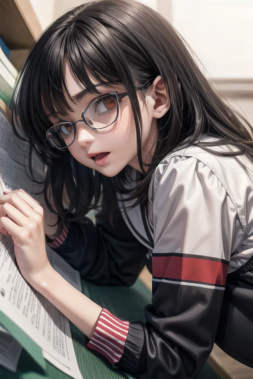 (Tabletop:1.0), (highest quality:1.4), (High resolution:1.2), From the side,Sharp contours,  boyish, highest quality, masterpiece,Glasses,Voice of the Heart,20-year-old woman,yandere,Big Breasts,Chest to chest,Lying face down,Upper Body,Ecstasy,saliva,blush,Squint your eyes,Heterochromia iridis,Tuck up your clothes,lure