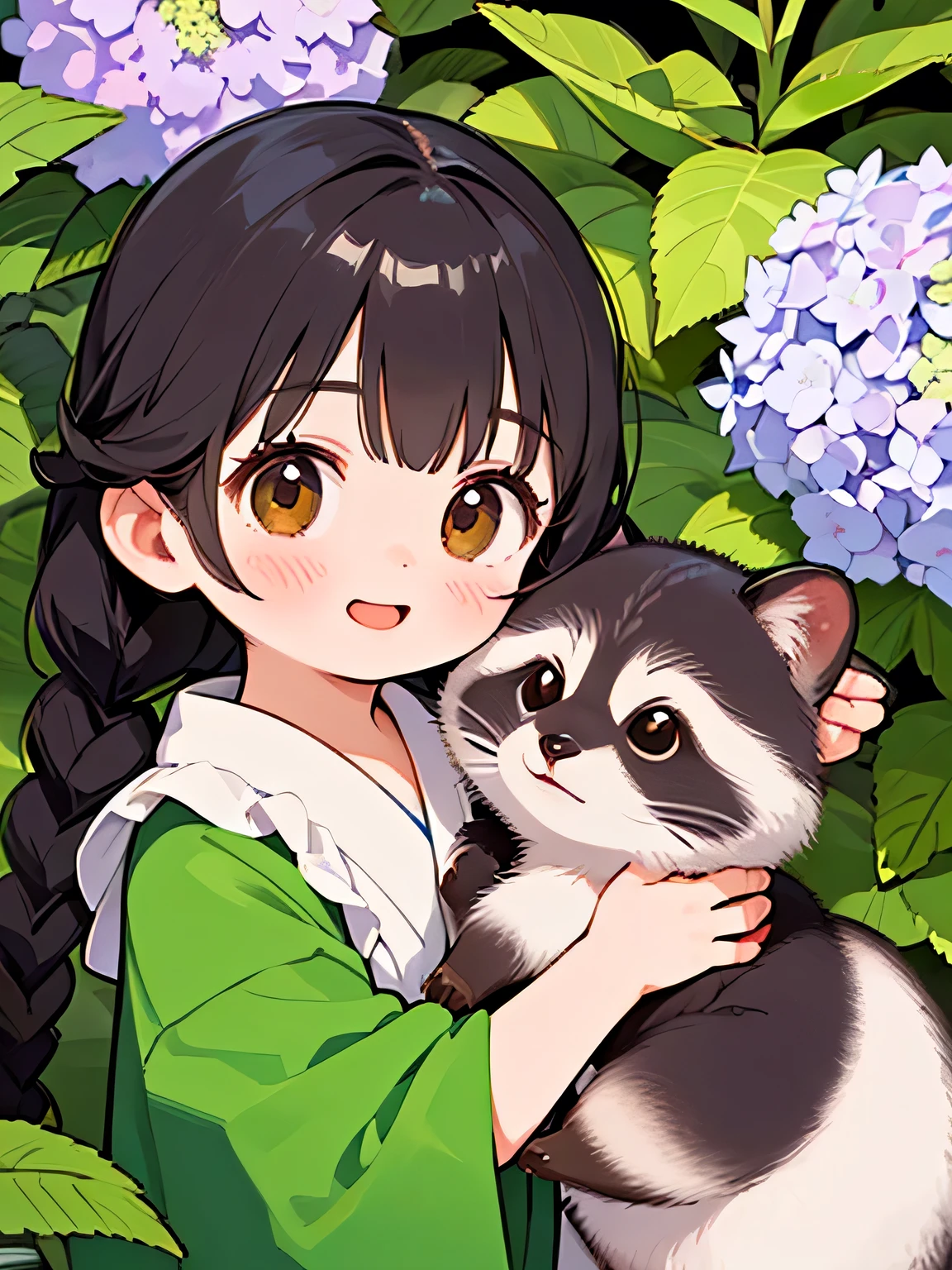 (highest quality,4K,8k,High resolution,masterpiece:1.2), Very detailed, (Deformed, Realistic, Realistic:1.3)，One Girl，cute，Very short stature，，Laughing happily, Brown eyes，length, fluffy, Black hair braids，White Dress，Hug a raccoon，The raccoon is much bigger than the girl.，The raccoon dog is a Japanese raccoon dog.，The background in early summer is the garden of a country house，Hydrangea，