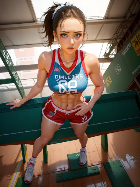 (digital painting),(best quality), 1girl in,basketball uniform,charming face,small head,big beatiful eyes,large breasts,trained ...