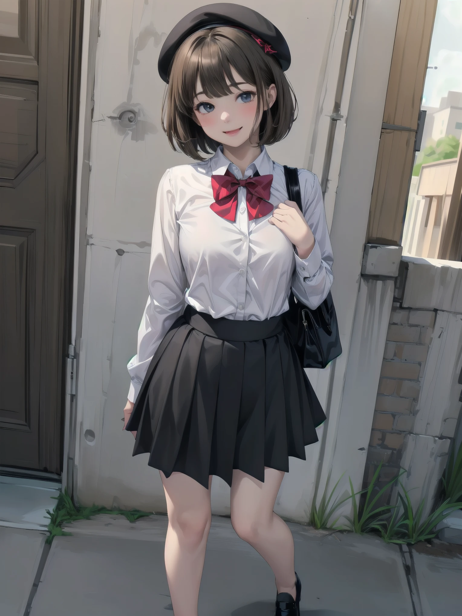 (((Very detailed, Very detailed CG ユニティ 8k 壁紙, figure, High resolution, Absurd, Beautiful fine details, finely detailed chest, Very detailed髪)), ((masterpiece))
Outdoor,null,cloud,Grass,
((Beautiful fine details)),
One girl,alone,
Subjective View Crotch,
Cowboy Shot,
One girl, shirt, bow, Brown Hair, bowtie, skirt, red bow, white shirt, One boy, Have, red bowtie, black skirt, shoes下, bag, collared shirt, Dutch Angle, beret, Black Hat, Open your mouth, shoulder bag, Iris, Medium Hair, shoes, Mouth closed, Long sleeve, Black footwear, null, blush, Bob Cut Hair, bangs, Outdoor, Smiling at the viewer, chest, Are standing, building,   A shy and shy pose