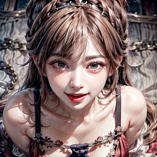 (Acutance:0.85),(super Detailed:1.35, RAW Realistic photo-realistic:1.37), (Extremely closeup portrait), 1girl wearing Red tube-top, ((From above)), (presenting panties), front of face, Holding White panties with hands, Studio gray background, chain tiara . (((NOGIZAKA face)))  Extremely Detailed very KAWAII face variations, perfect anatomy, captivating gaze, elaborate detailed Eyes with (sparkling highlights:1.2), long eyelashes、Glossy RED Lips with beautiful details, Coquettish tongue, Rosy cheeks . { (Dynamic joyful expressions) | :d) } . Glistening ivory skin with clear transparency