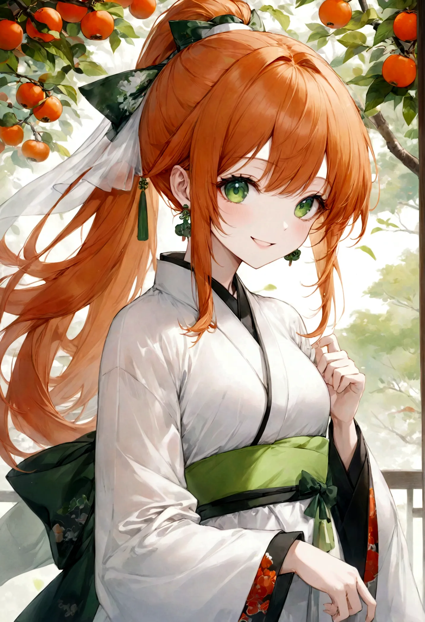 ((top-quality)), ((​masterpiece)), ((ultra-detailliert)), (extremely delicate and beautiful), bright orange hair, long straight hair, long ponytail, spring green eyes, persimmon trees in the background, wuxia styled robes, sheer white sleeves, white robes ...