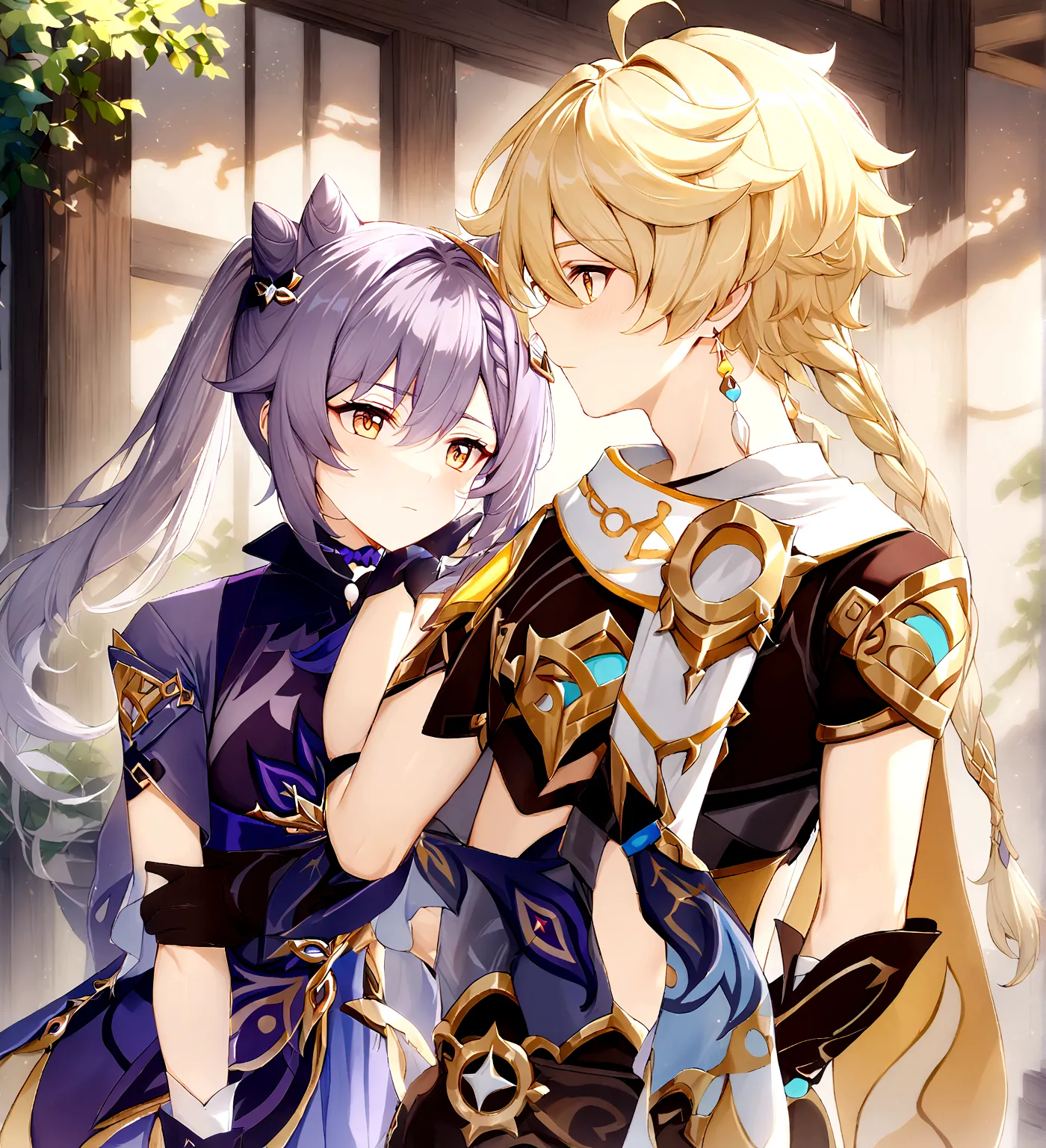 1boy and 1girl, aether \(genshin impact\), male focus, solo, blonde hair, yellow eyes, ahoge, bangs, single braid, hair between ...