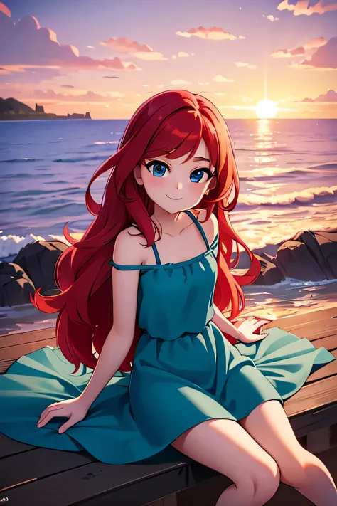 ruby, 1 girl, teenage, long red hair, medium hair, blue eyes, bare shoulders, medium breast, aqua ruffle maxi dress, sitting on ...