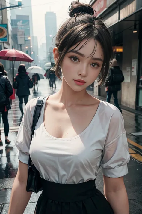 1 girl , short hair, Bun hairstyle, Upper Body, Close-up photo , full breasts, Bulge on chest, rain , Street View.