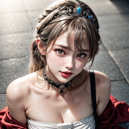 (Acutance:0.85),(Extremely Detailed:1.35, RAW photo-realistic:1.37), (closeup portrait), 1girl wearing Red tube-top, ((From above)), (presenting panties), front of face, Holding White panties with hands, Studio gray background, chain tiara . (((NOGIZAKA face)))  Extremely Detailed KAWAII face variations, perfect anatomy, captivating gaze, elaborate detailed Eyes with (sparkling highlights:1.2), long eyelashes、Glossy RED Lips with beautiful details, Coquettish tongue, Rosy cheeks . { (Dynamic joyful expressions) | :d) } . Glistening ivory skin with clear transparency