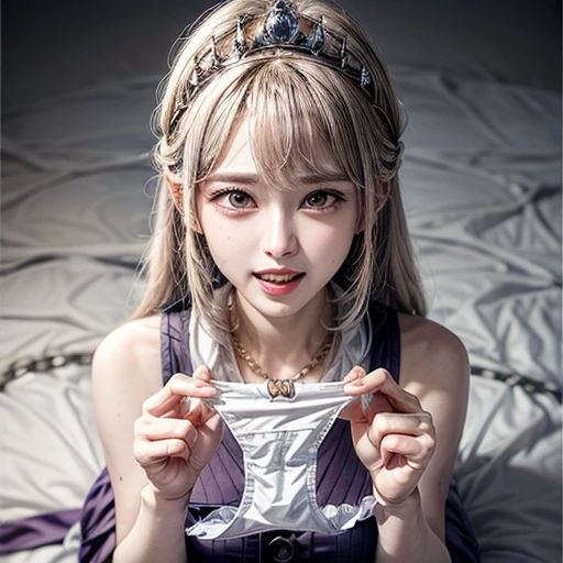 (Acutance:0.85),(Extremely Detailed:1.35, RAW photo-realistic:1.37), (closeup portrait), 1girl wearing Red tube-top, ((From above)), (presenting panties), front of face, Holding White panties with hands, Studio gray background, chain tiara . (((NOGIZAKA face)))  Extremely Detailed KAWAII face variations, perfect anatomy, captivating gaze, elaborate detailed Eyes with (sparkling highlights:1.2), long eyelashes、Glossy RED Lips with beautiful details, Coquettish tongue, Rosy cheeks . { (Dynamic joyful expressions) | :d) } . Glistening ivory skin with clear transparency