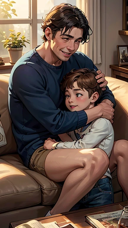 (best quality, highres), 10 years old boy and his dad naked, hug, cuddle, realistic, detailed faces, warm lighting, cozy living room, eye contact, smiling faces, open body language, emotional connection, family bonding, natural expressions, casual clothing, comfortable atmosphere, furniture, bookshelf, soft carpet, colorful artwork, light streaming through the window, gentle shadows, happy memories, playful interaction, storytelling, laughter, love, generation gap, fatherly advice, shared experiences, deep conversation