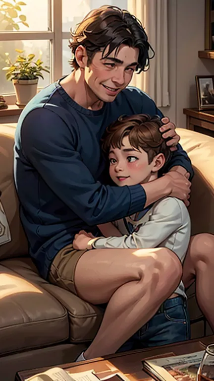 (best quality, highres), 10 years old boy and his dad naked, hug, cuddle, realistic, detailed faces, warm lighting, cozy living ...