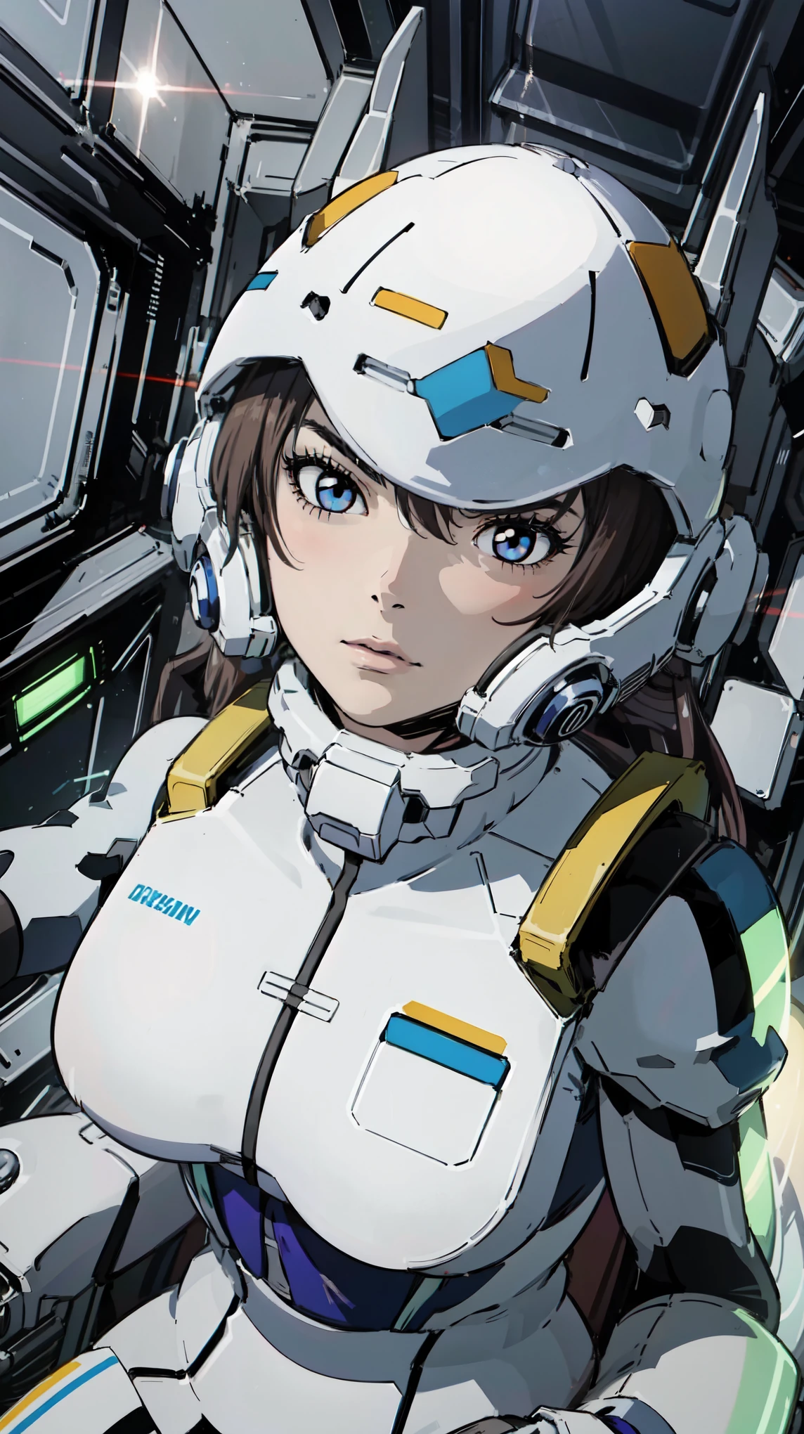 "Dans un cockpit futuriste, une belle fille aux cheveux châtain clair attachés en twintails séduit par son tempérament noble. Ses yeux, violet vibrant et très détaillé, avait une expression furieuse sur son visage. Elle porte un casque blanc couvrant son visage tandis que des boutons mécaniques qui l&#39;entourent ajoutent une touche futuriste.. La scène est baignée d&#39;une teinte violette, accentuant la présence captivante de la jeune fille. L&#39;éclairage crée une impression de profondeur et ajoute une lueur éthérée à l&#39;ensemble de la composition.. Cette œuvre d&#39;art est de la meilleure qualité, avec des caractéristiques ultra détaillées et un style photoréaliste qui donne vie à la fille et à son environnement."