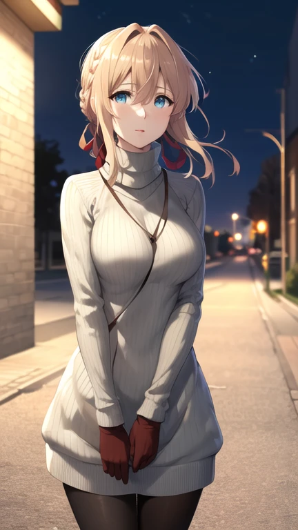 masterpiece, best quality, highres, violet evergarden, braid, hair ribbon, red ribbon, sweater dress, turtleneck, ribbed sweater, gloves, night, street, standing, cowboy shot,