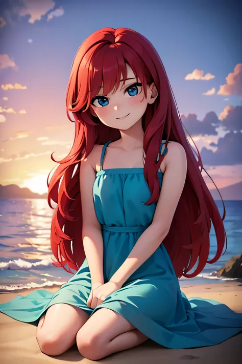 ruby, 1 girl, teenage, long red hair, medium hair, blue eyes, bare shoulders, medium breast, aqua ruffle maxi dress, sitting on ...