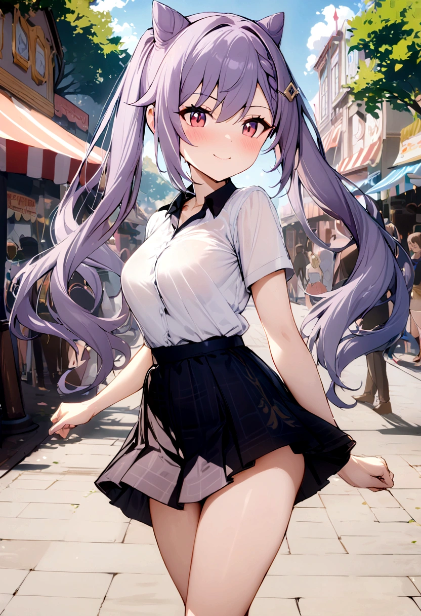 masterpiece, best quality, high resolution, 1 girl, hair, long hair, Bangs, brown eyes, medium breasts,  White shirt, black skirt, Plaid skirt, Smile, amusement park，Expose the vagina，No cover, no underwear,  no underwear，1girl purple hair, hair ornament, twintails, cat ears hairstyle, keqing