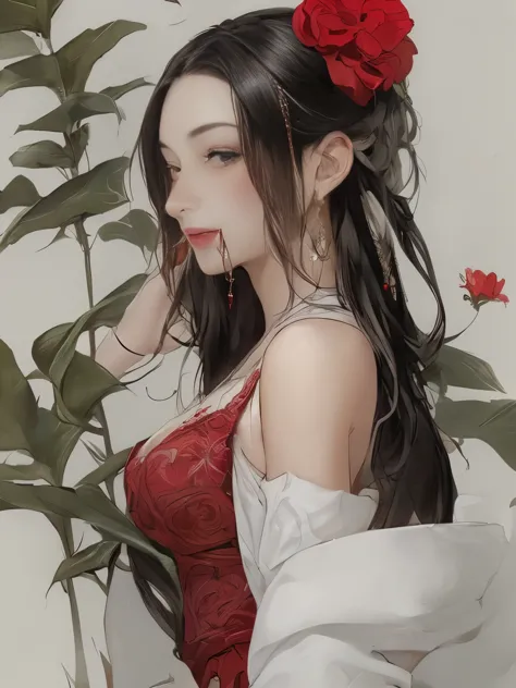 yoshitaka amano's painting style, Beautiful girl with long white hair, Fair skin, And red eyes, In the woods with cinematic ligh...