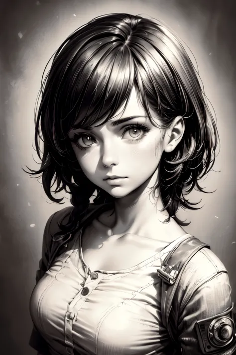 A girl in a mugshot, sketch, black and white, detailed features, cute, vintage style, high contrast lighting, expressive eyes, l...