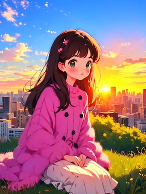 oh, sweet sweet anc cute cute cute !!! Girl sitting on a hill watching sunset in the city.