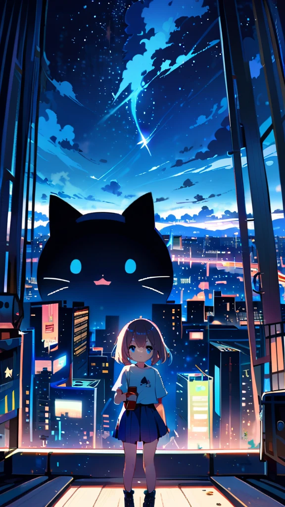 1girl, short hair, blue eyes, skirt, shirt, holding, , standing, outdoors, sky, cloud, blue skirt, night, animal, cat, building, star \(sky\), scenery, starry sky, city, cityscape, whiskers, rooftop, oversized animal